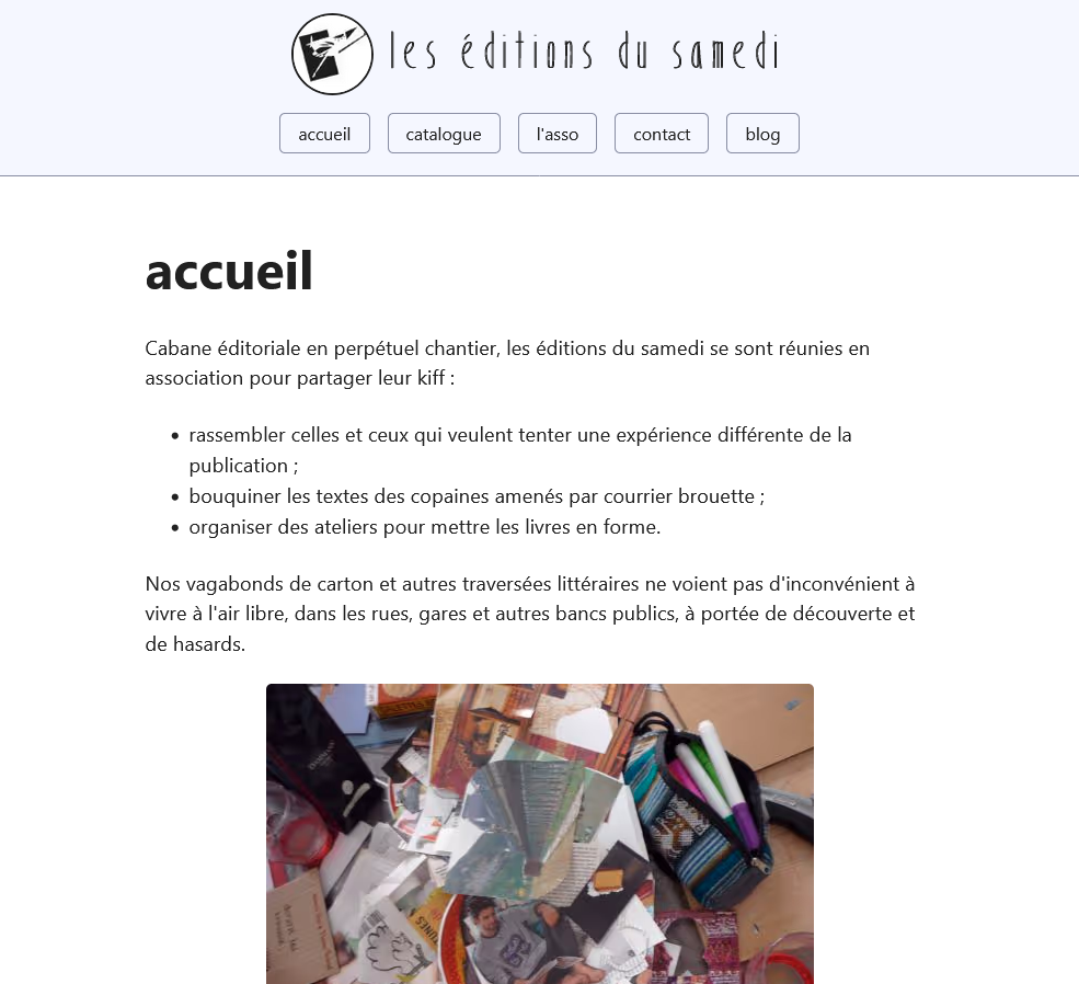 Capture écran de la page d'accueil du site des éditions du samedi